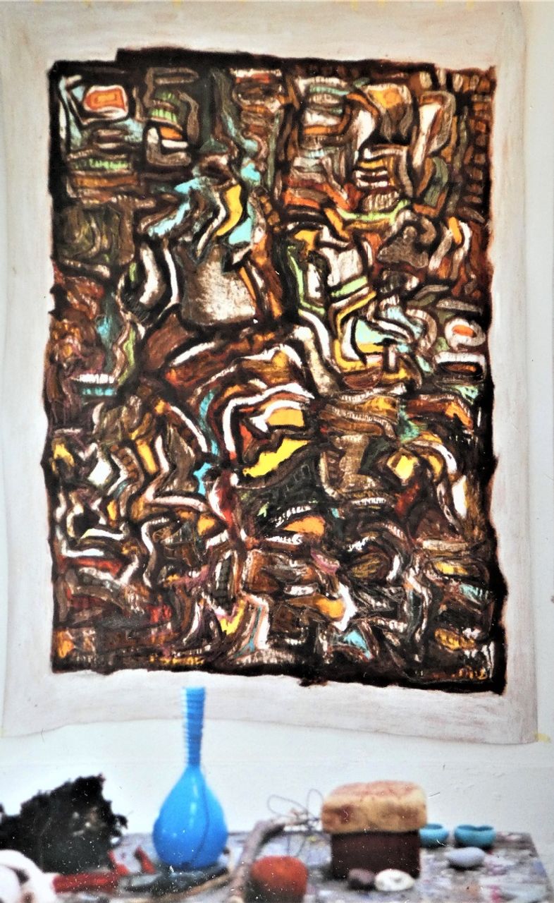 Maleri på kardus, ca.1,50 x 2,00 m. 2001. Privateje